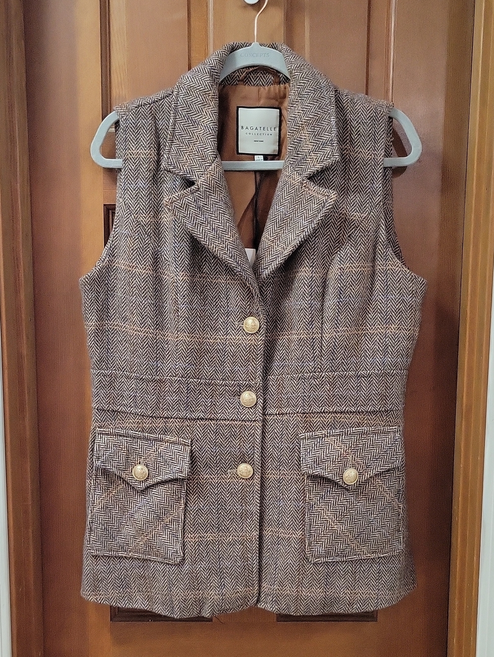 bagatelle Brown Herringbone Wool-Blend Sleeveless Vest with Gold Buttons